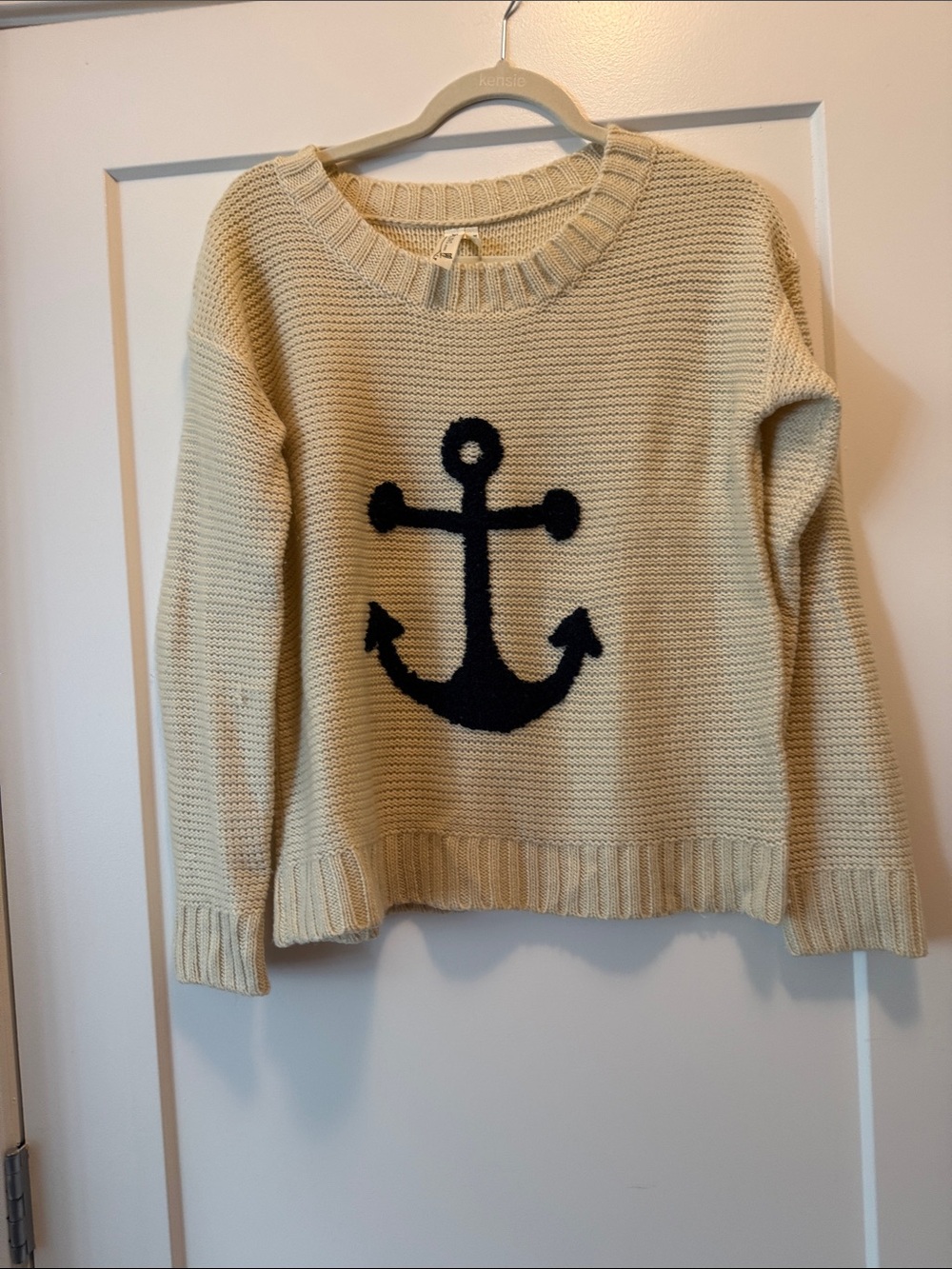Pink Owl Cream Crewneck Sweater with Black Anchor